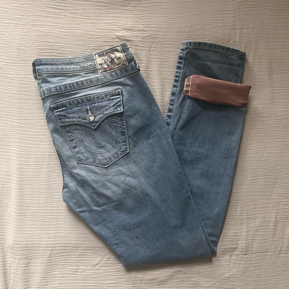 True Religion disco skinny Jeans 32 coral distressed detail